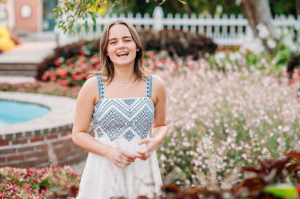 Teenage girl smiling at Prescott Park photo session in Portsmouth, NH